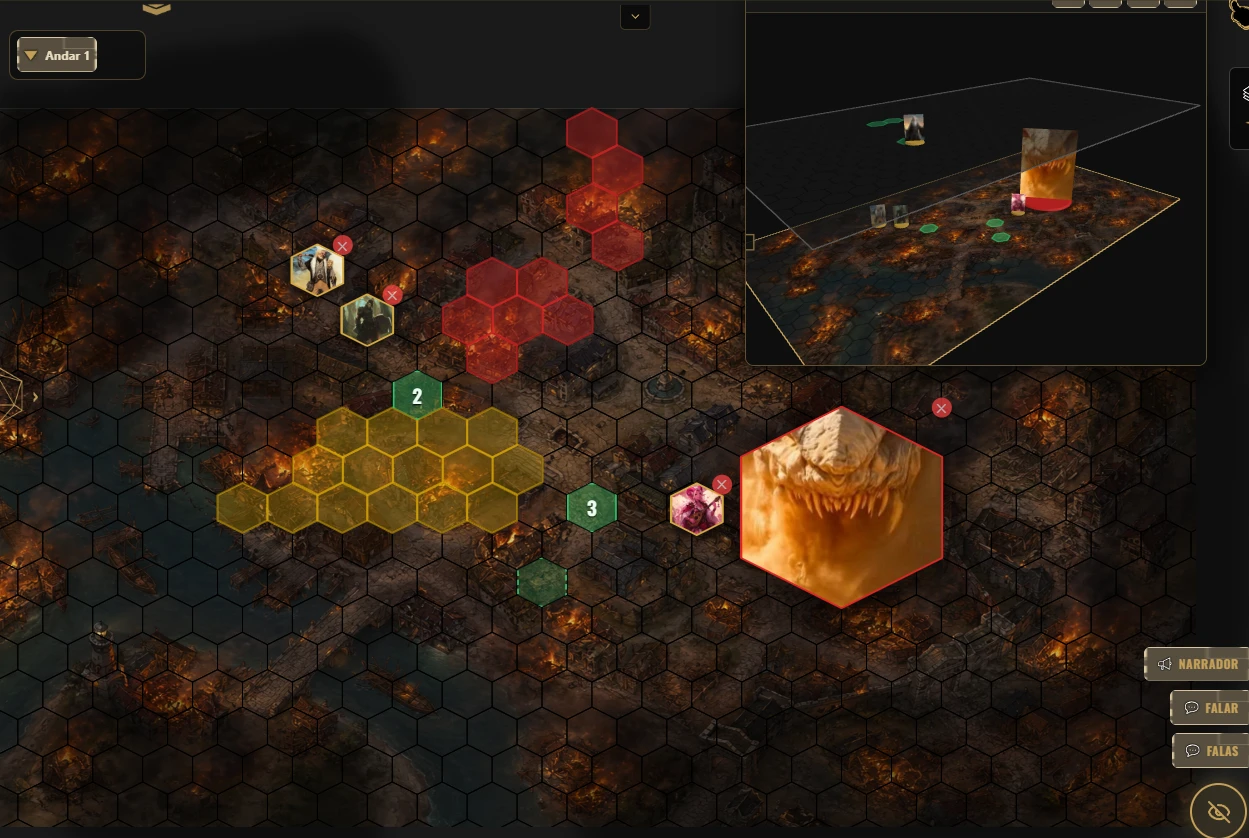 Arena de combate do Cronos com mapa e tokens
